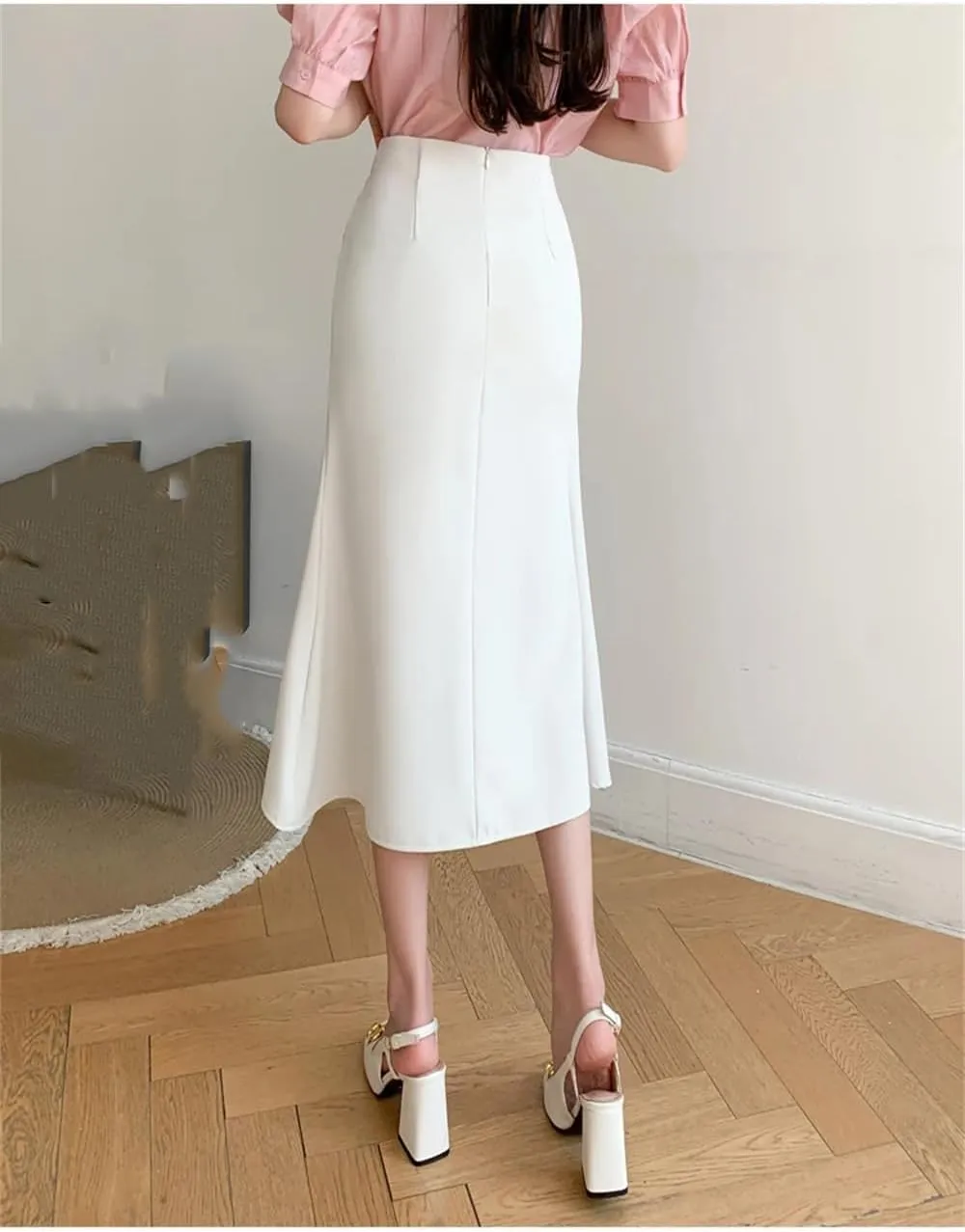 Women's Sexy Skirt High Waist Pleated Midi Skirt Simple Hip Covering A-Line Skirt
