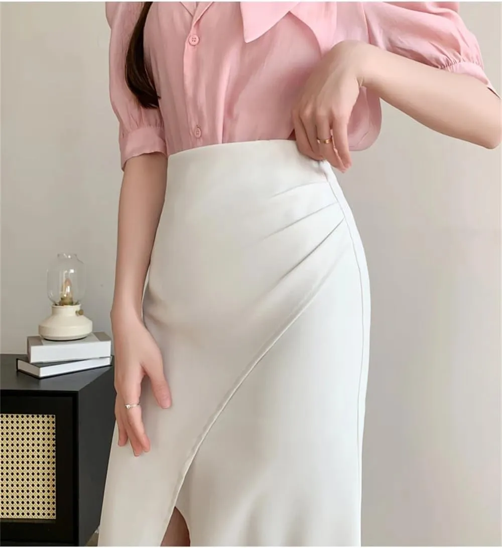 Women's Sexy Skirt High Waist Pleated Midi Skirt Simple Hip Covering A-Line Skirt