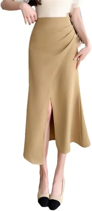 Women's Sexy Skirt High Waist Pleated Midi Skirt Simple Hip Covering A-Line Skirt