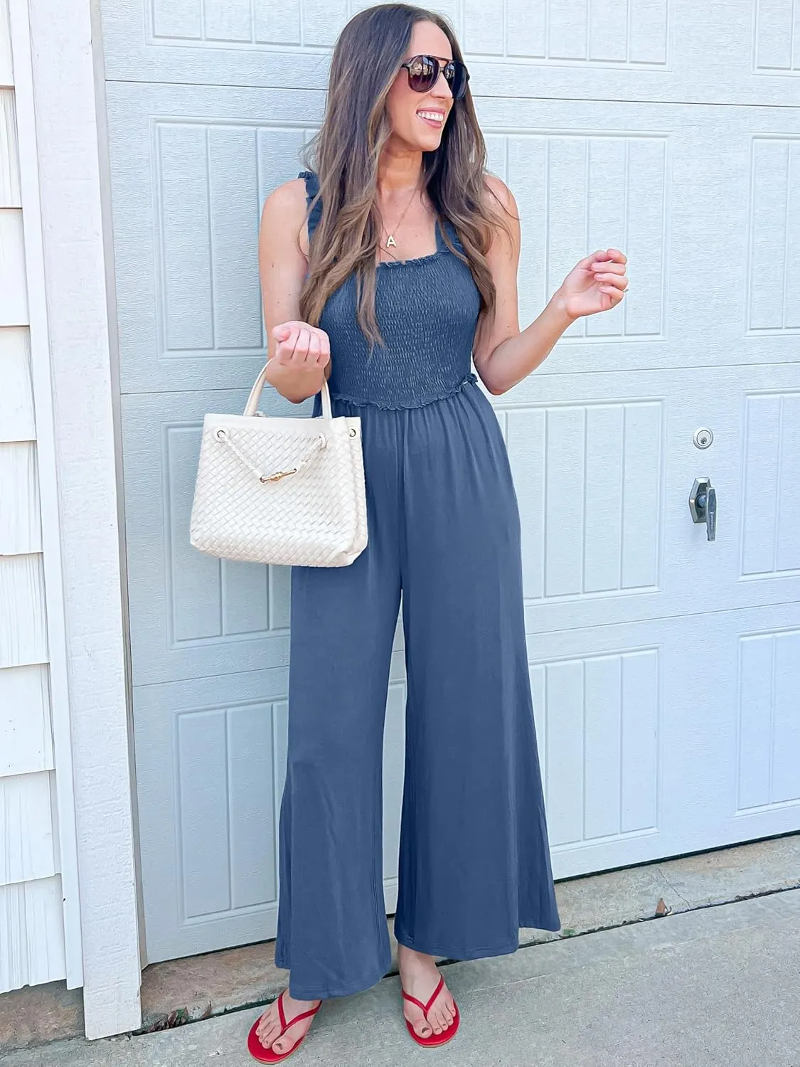 Women's Smocked Jumpsuits Casual Loose Sleeveless Wide Leg Long Pant Rompers Dressy One Piece Beach Vacation Outfits
