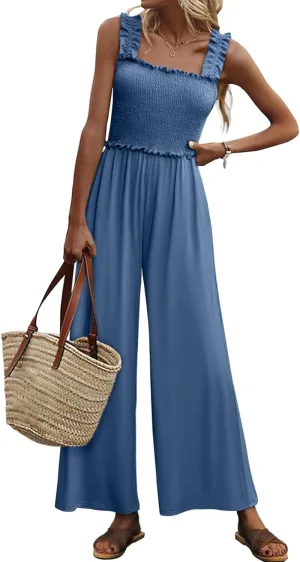 Women's Smocked Jumpsuits Casual Loose Sleeveless Wide Leg Long Pant Rompers Dressy One Piece Beach Vacation Outfits
