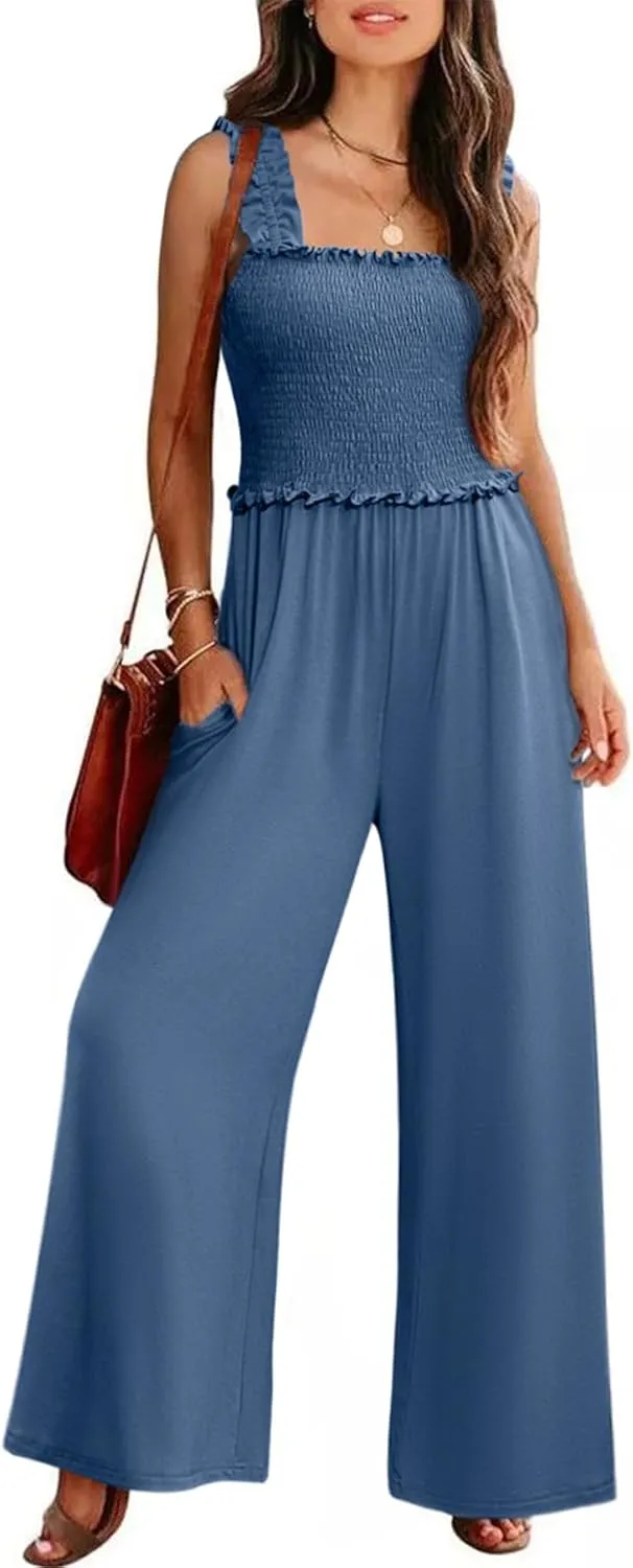 Women's Smocked Jumpsuits Casual Loose Sleeveless Wide Leg Long Pant Rompers Dressy One Piece Beach Vacation Outfits