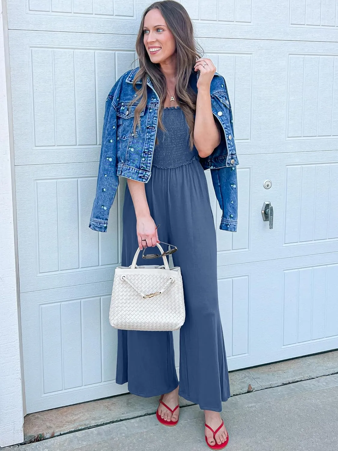 Women's Smocked Jumpsuits Casual Loose Sleeveless Wide Leg Long Pant Rompers Dressy One Piece Beach Vacation Outfits