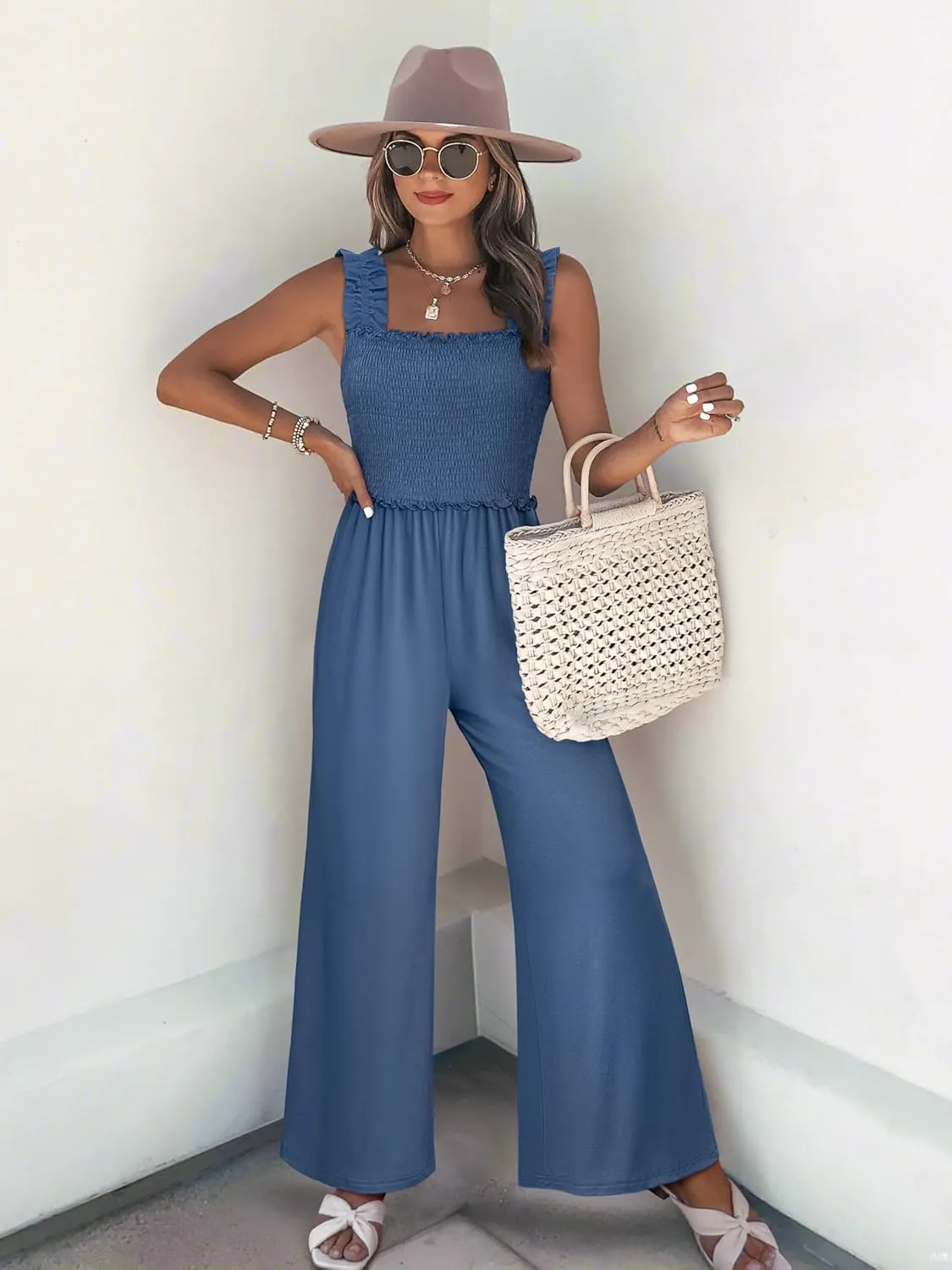 Women's Smocked Jumpsuits Casual Loose Sleeveless Wide Leg Long Pant Rompers Dressy One Piece Beach Vacation Outfits