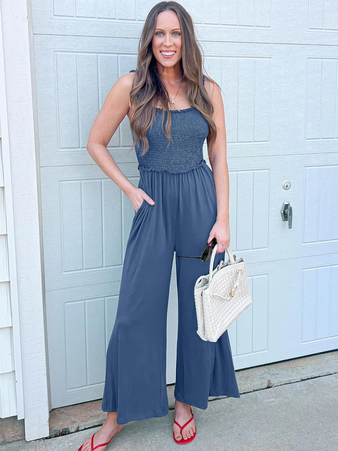 Women's Smocked Jumpsuits Casual Loose Sleeveless Wide Leg Long Pant Rompers Dressy One Piece Beach Vacation Outfits