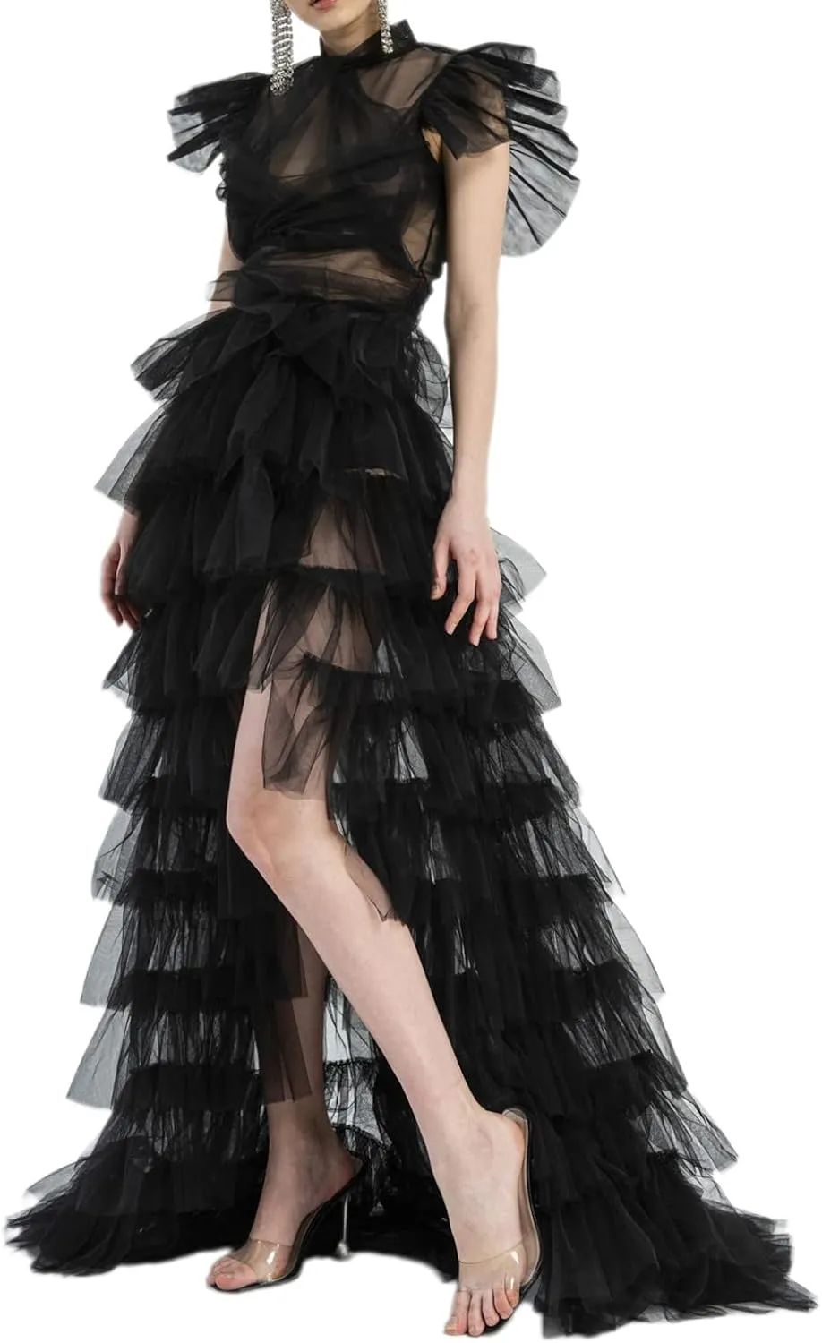 Women's Solid Color Mesh Skirt Tied-Up Irregular Tulle Skirt Layered Maxi Dress Ruffle Tulle Long Tiered A-line Skirt