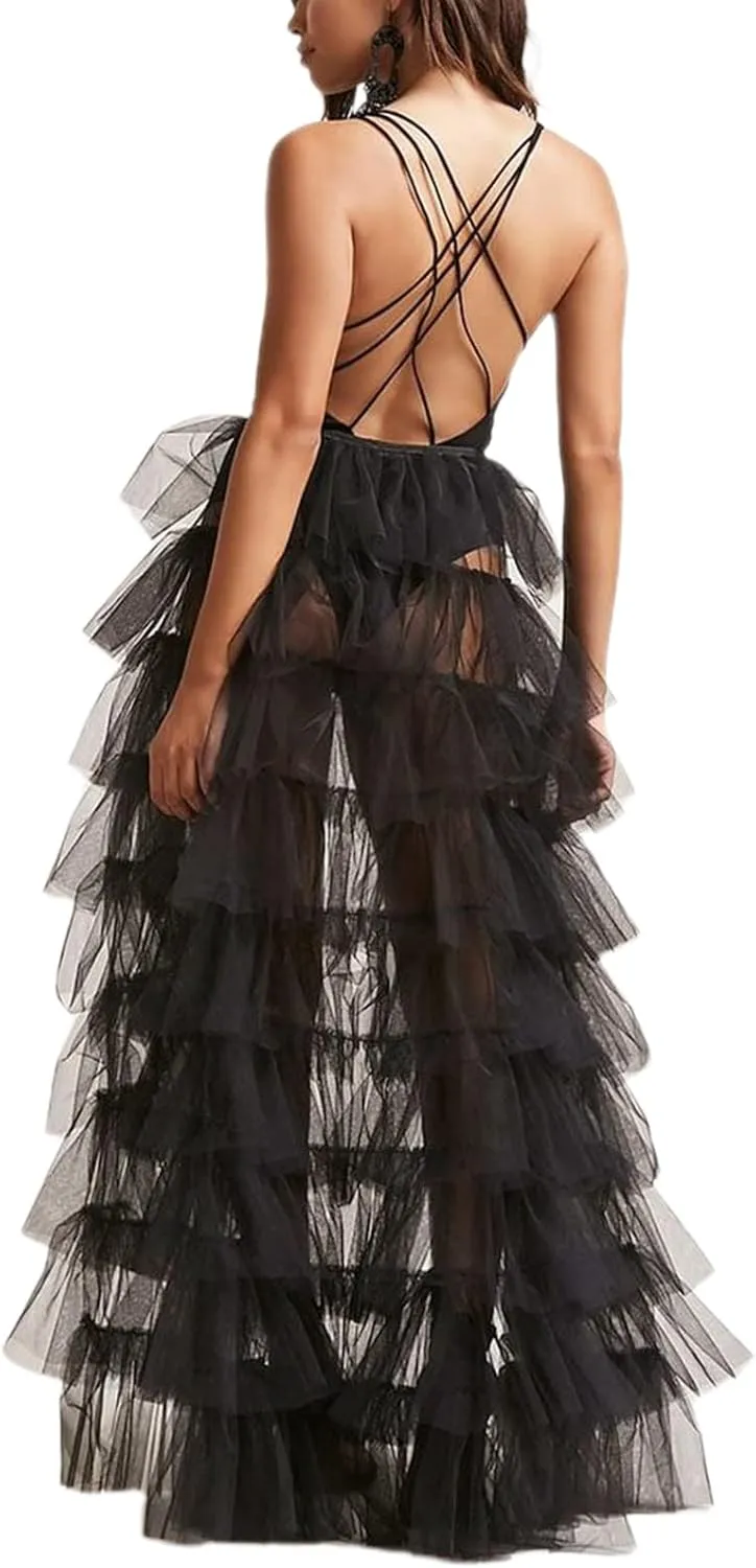 Women's Solid Color Mesh Skirt Tied-Up Irregular Tulle Skirt Layered Maxi Dress Ruffle Tulle Long Tiered A-line Skirt