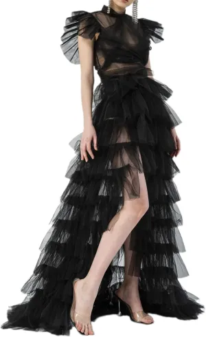 Women's Solid Color Mesh Skirt Tied-Up Irregular Tulle Skirt Layered Maxi Dress Ruffle Tulle Long Tiered A-line Skirt
