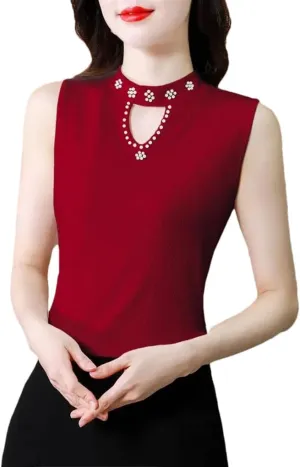 Women's Solid Color Round Neck Pearl Stitching Hollow Sleeveless Camisole Top