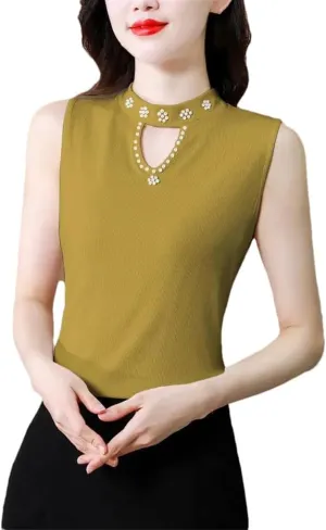 Women's Solid Color Round Neck Pearl Stitching Hollow Sleeveless Camisole Top