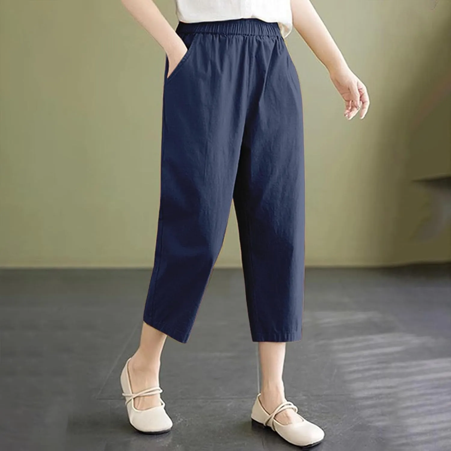 Women's Solid Cotton Linen Straight Capris High Waisted Loose Wide Leg Casual Capris Summer Beach Trousers with Pockets