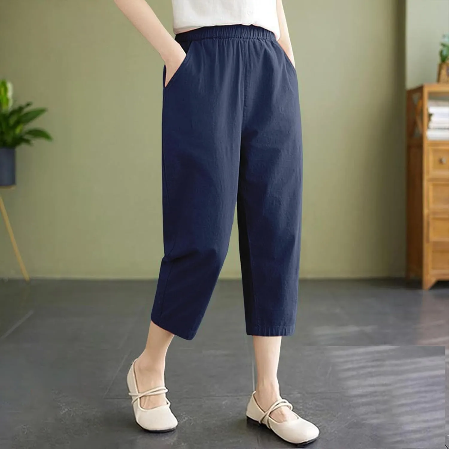 Women's Solid Cotton Linen Straight Capris High Waisted Loose Wide Leg Casual Capris Summer Beach Trousers with Pockets