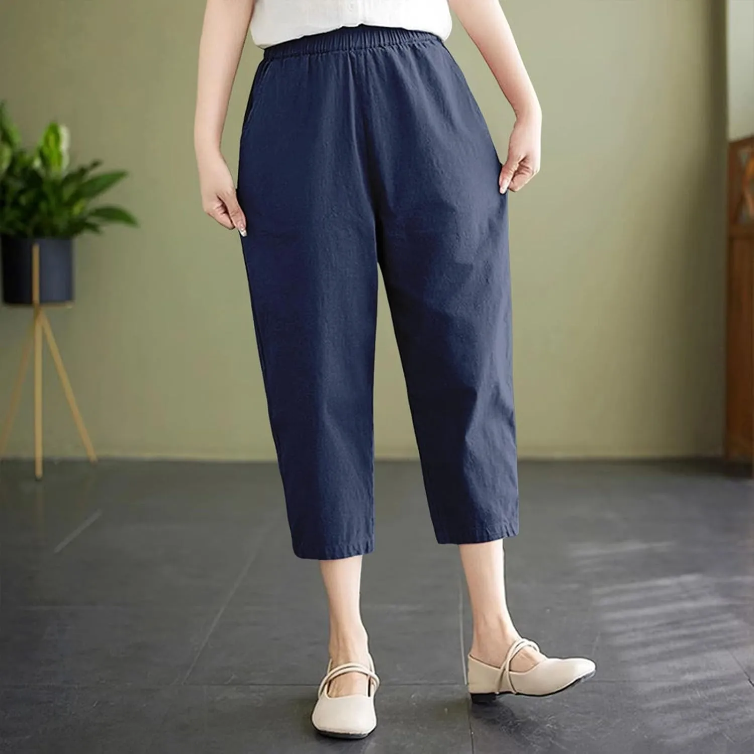 Women's Solid Cotton Linen Straight Capris High Waisted Loose Wide Leg Casual Capris Summer Beach Trousers with Pockets