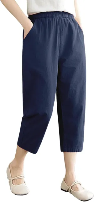 Women's Solid Cotton Linen Straight Capris High Waisted Loose Wide Leg Casual Capris Summer Beach Trousers with Pockets