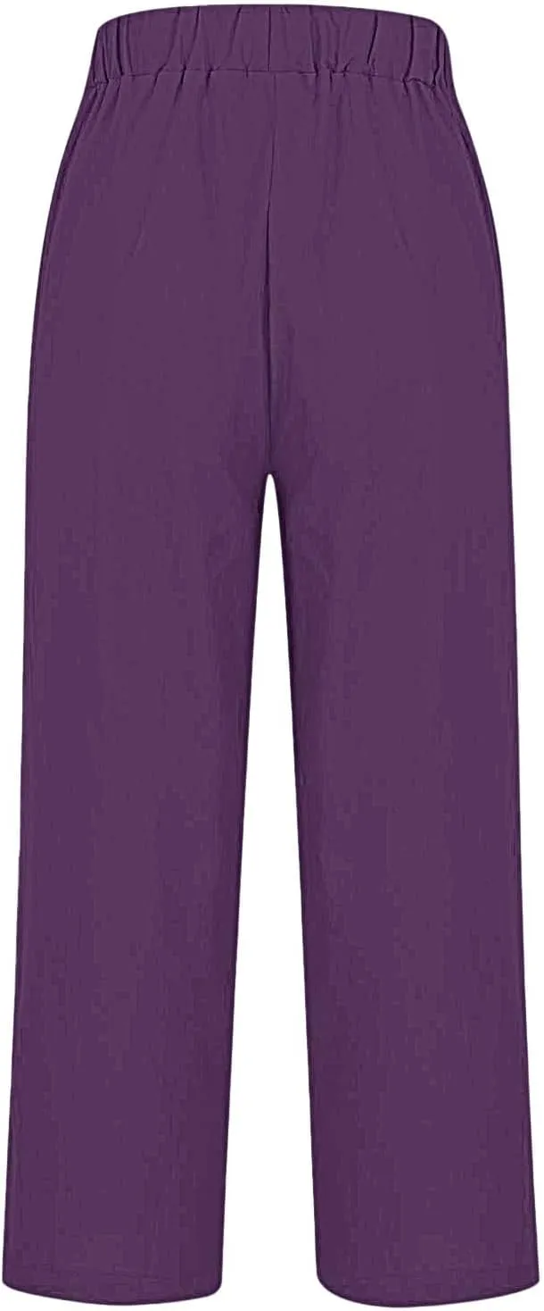 Women's Solid Cotton Linen Straight Pants Elastic High Waisted Casual Pants with Printed Pockets Summer Comfy Trousers