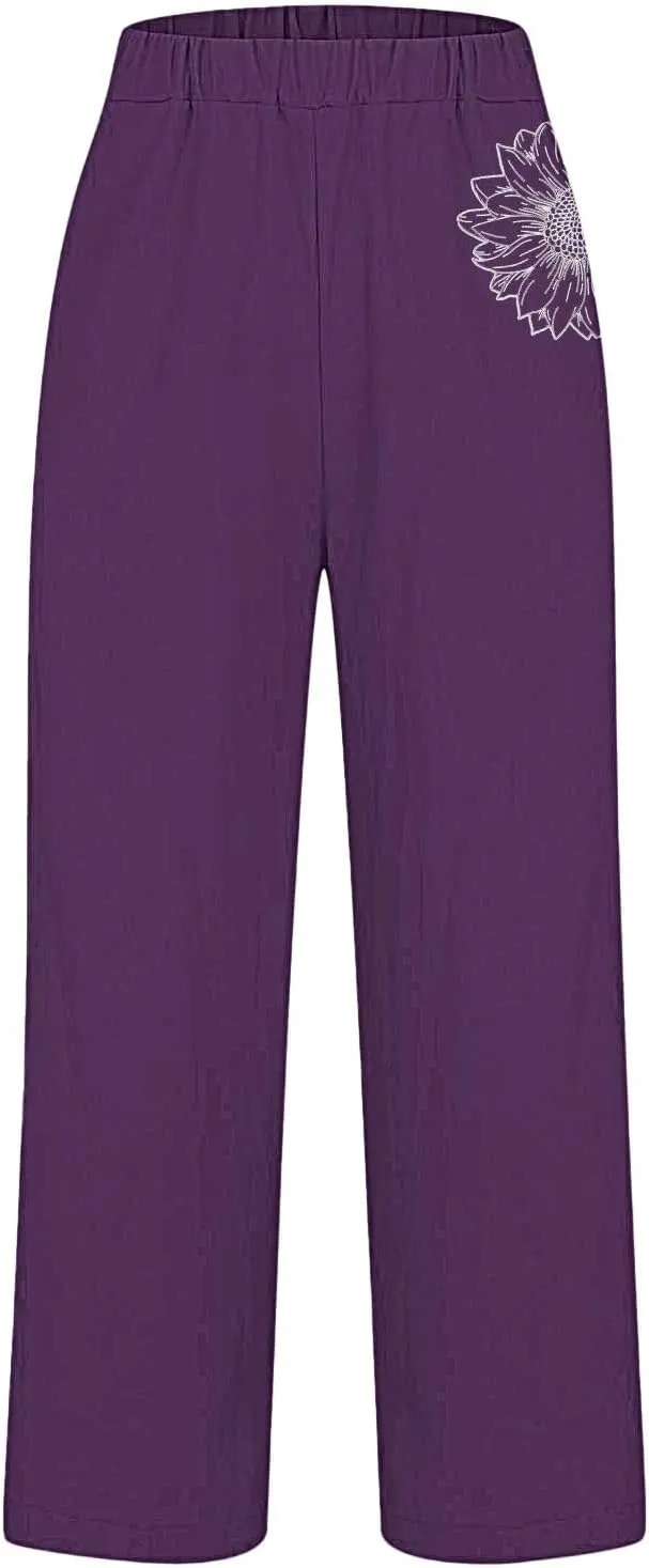 Women's Solid Cotton Linen Straight Pants Elastic High Waisted Casual Pants with Printed Pockets Summer Comfy Trousers