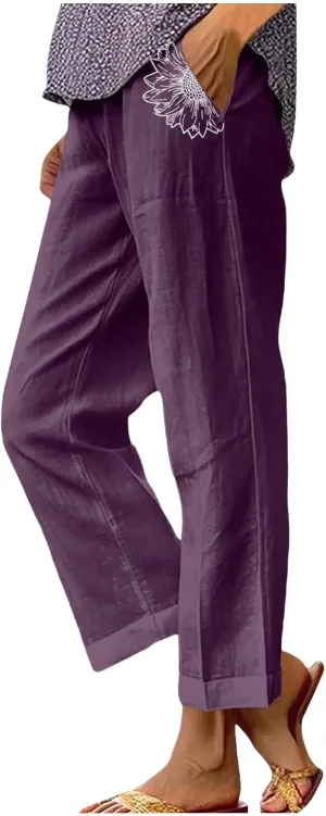 Women's Solid Cotton Linen Straight Pants Elastic High Waisted Casual Pants with Printed Pockets Summer Comfy Trousers