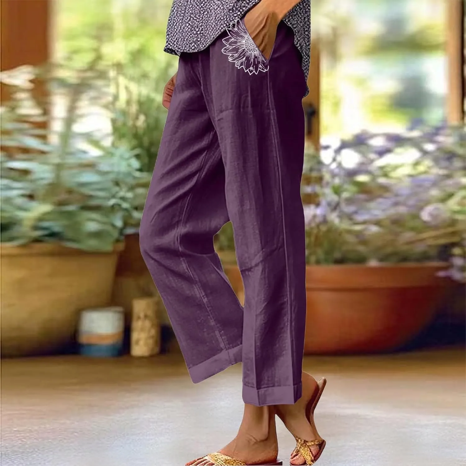 Women's Solid Cotton Linen Straight Pants Elastic High Waisted Casual Pants with Printed Pockets Summer Comfy Trousers