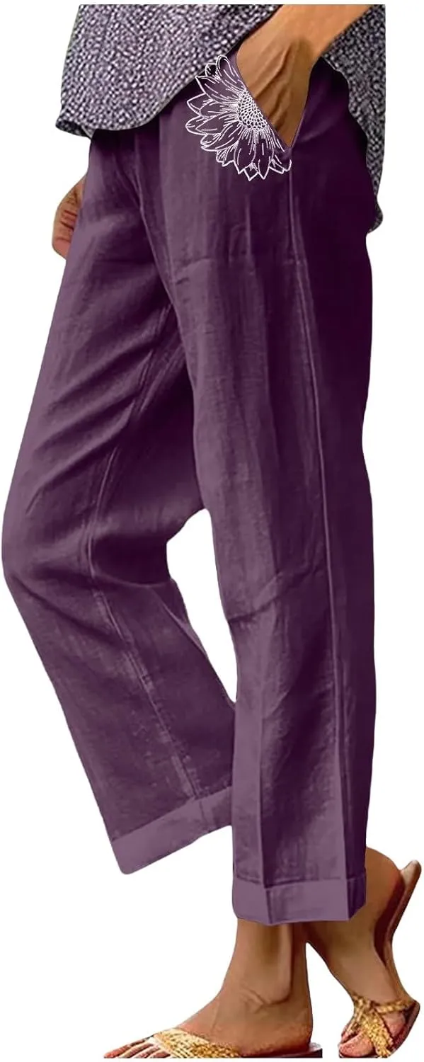 Women's Solid Cotton Linen Straight Pants Elastic High Waisted Casual Pants with Printed Pockets Summer Comfy Trousers