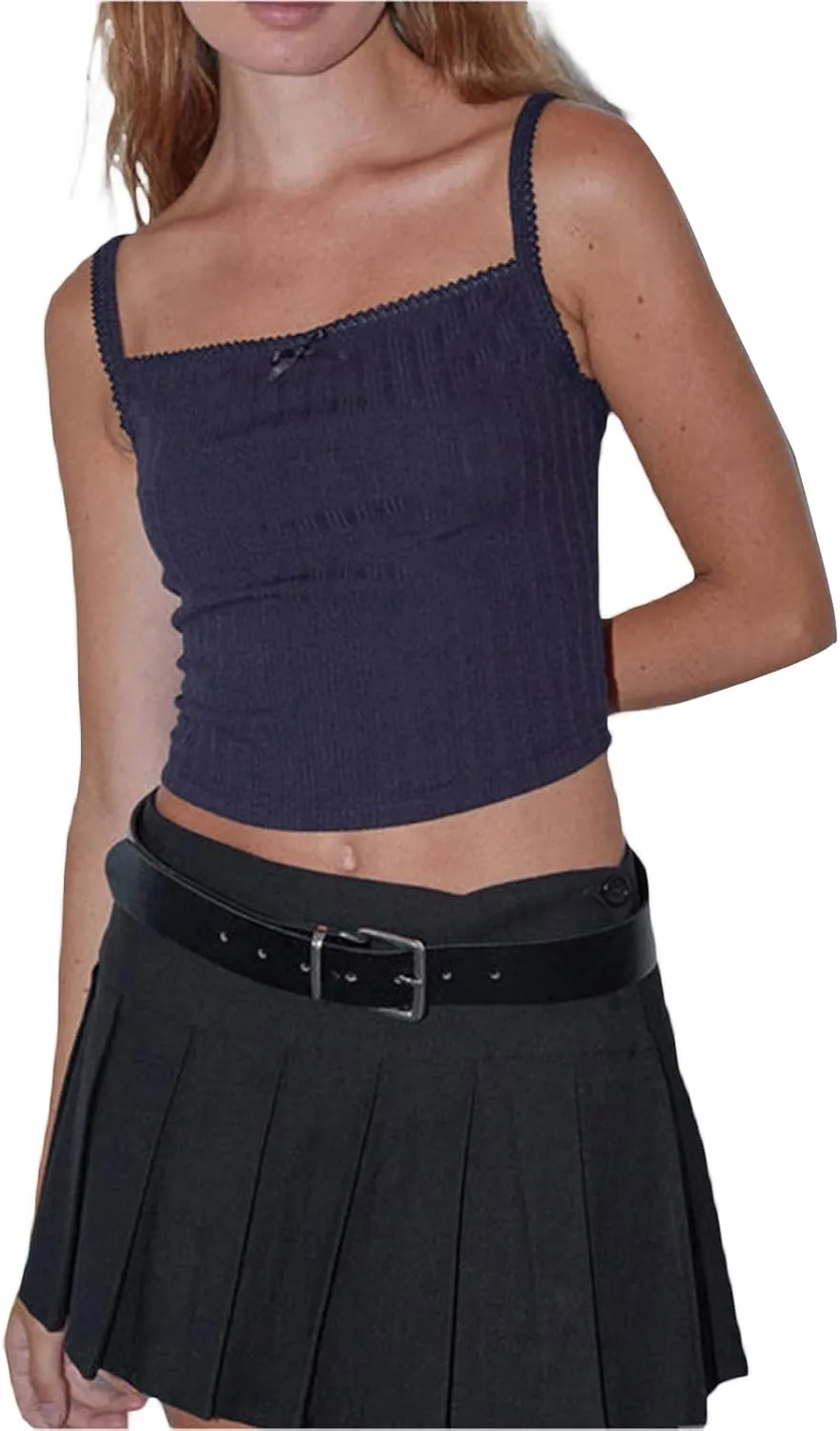 Women's Spaghetti Strap Square Neck Pointelle Knitted Camisole Crop Top Lace Trim Girly Cutecore Tank Vest