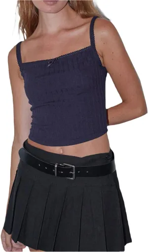 Women's Spaghetti Strap Square Neck Pointelle Knitted Camisole Crop Top Lace Trim Girly Cutecore Tank Vest