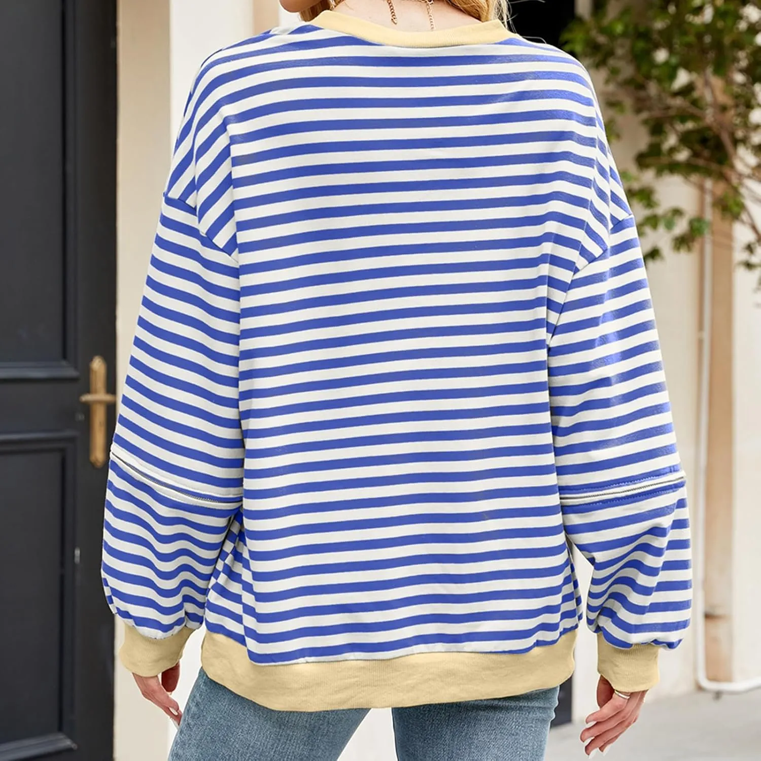 Womens Striped Oversized Sweatshirt Color Block Long Sleeve Crew Neck Sweatshirt Convertible Short Sleeve Pullover Y2K