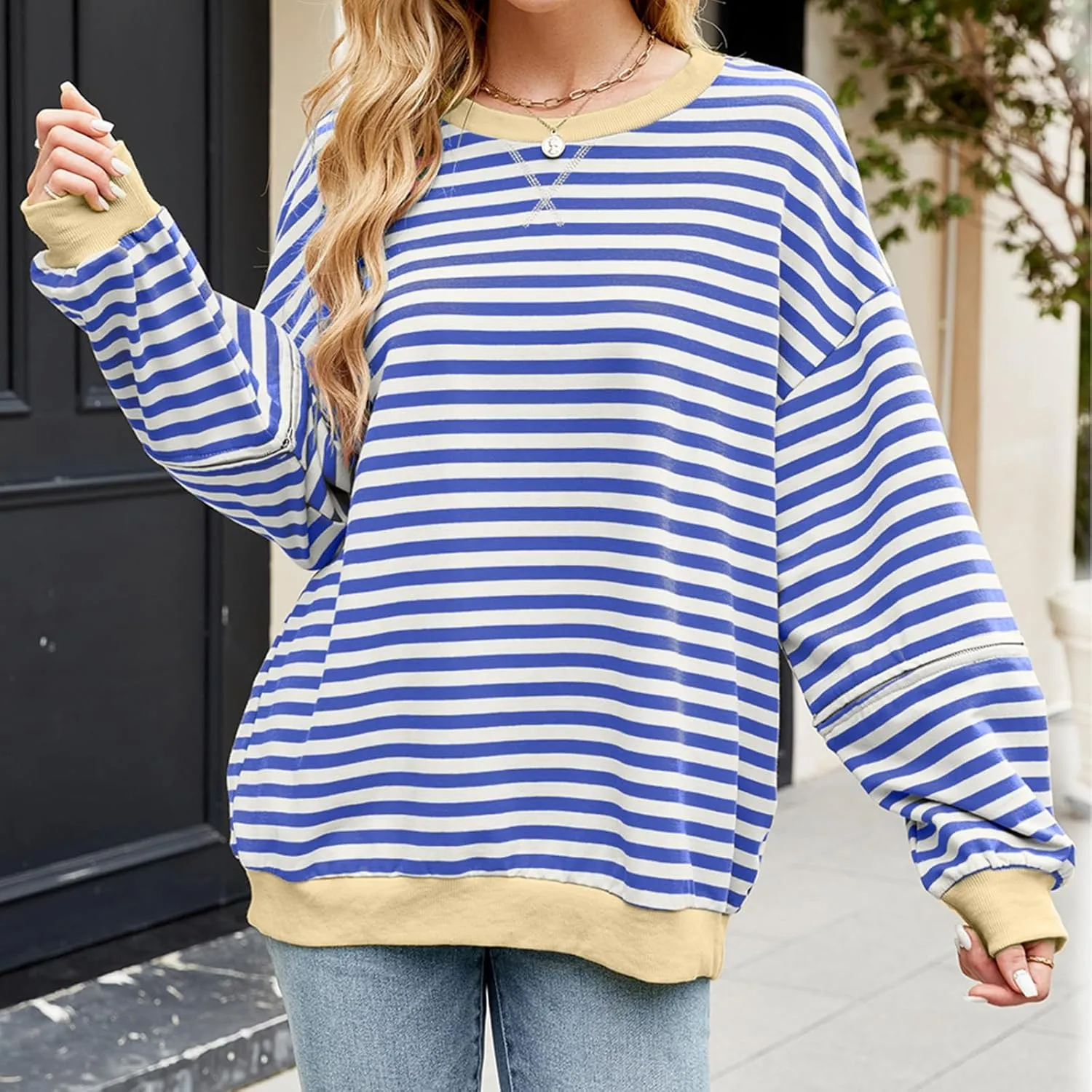 Womens Striped Oversized Sweatshirt Color Block Long Sleeve Crew Neck Sweatshirt Convertible Short Sleeve Pullover Y2K