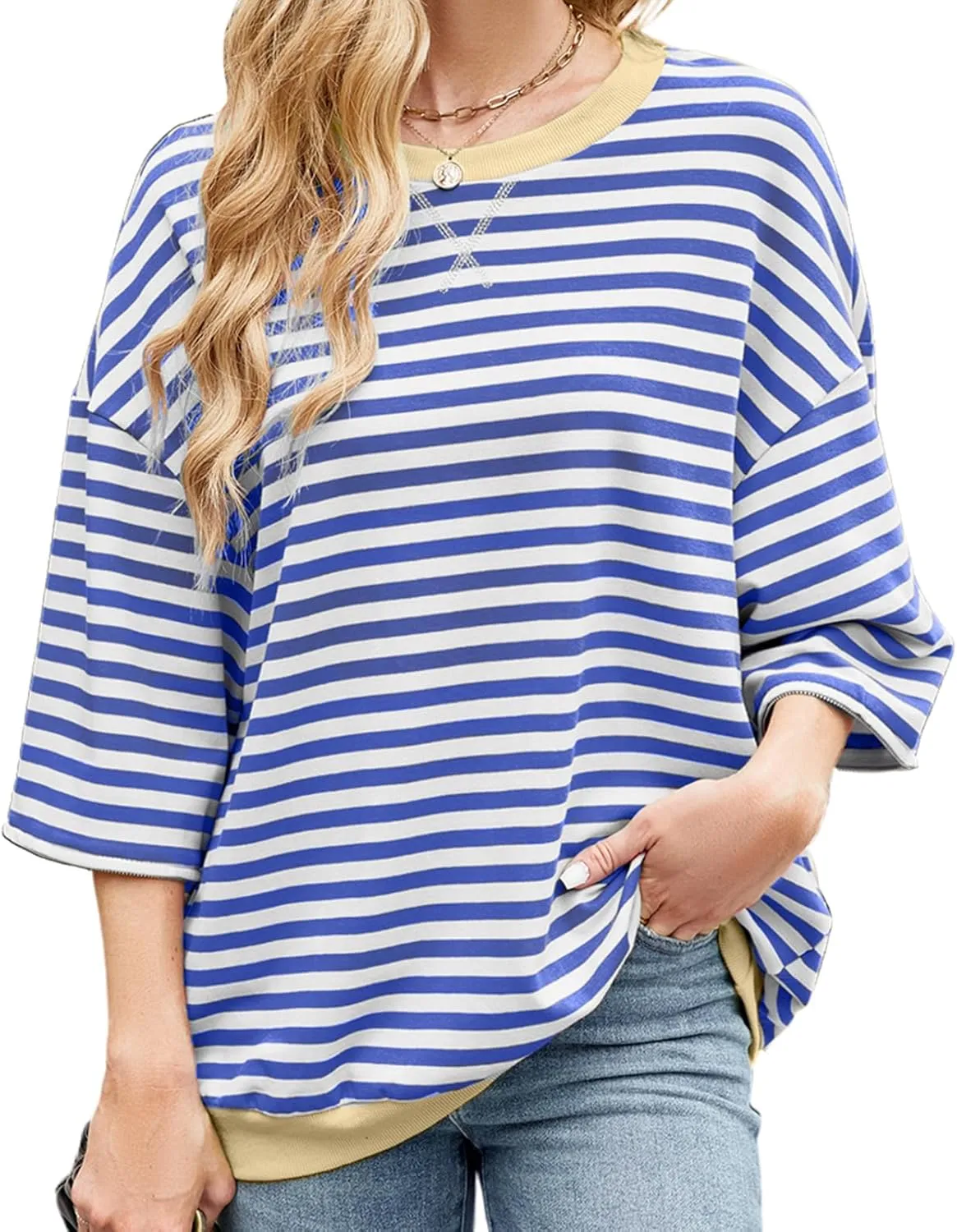 Womens Striped Oversized Sweatshirt Color Block Long Sleeve Crew Neck Sweatshirt Convertible Short Sleeve Pullover Y2K