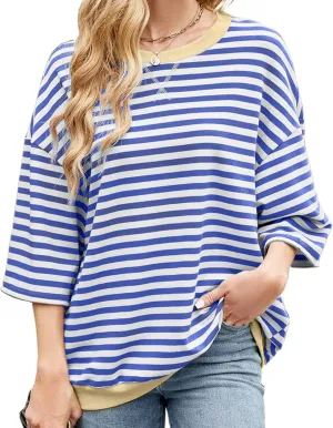 Womens Striped Oversized Sweatshirt Color Block Long Sleeve Crew Neck Sweatshirt Convertible Short Sleeve Pullover Y2K