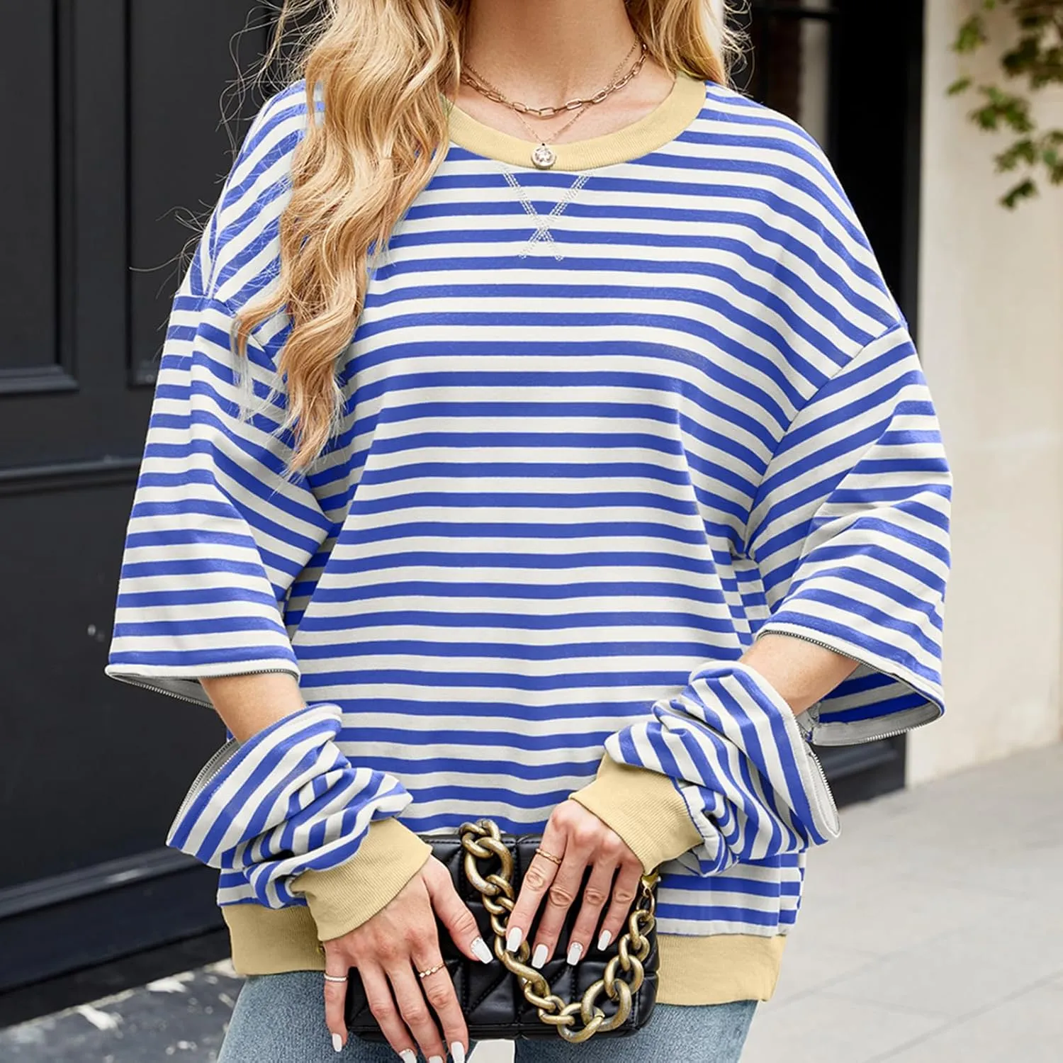 Womens Striped Oversized Sweatshirt Color Block Long Sleeve Crew Neck Sweatshirt Convertible Short Sleeve Pullover Y2K