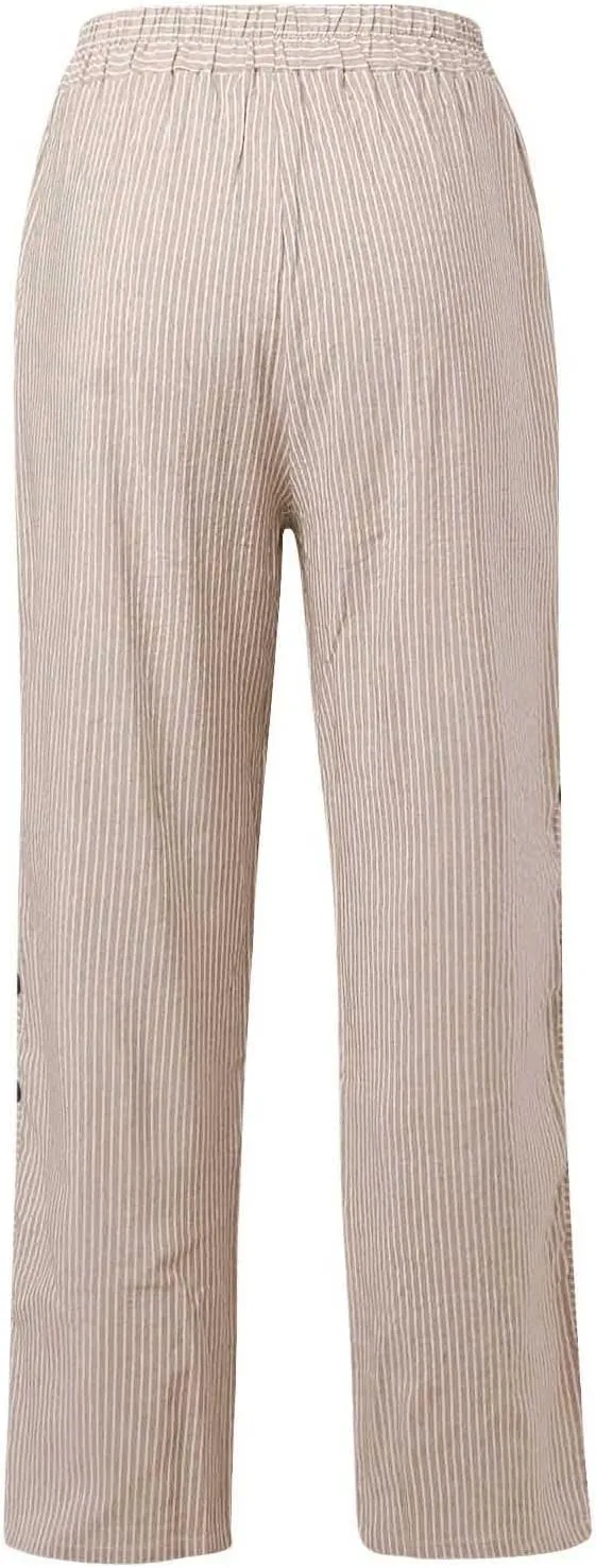 Womens Striped Pants Summer Lightweight Linen Pants Side Button Elastic Waist Straight Wide Leg Baggy Casual Trousers