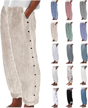 Womens Striped Pants Summer Lightweight Linen Pants Side Button Elastic Waist Straight Wide Leg Baggy Casual Trousers