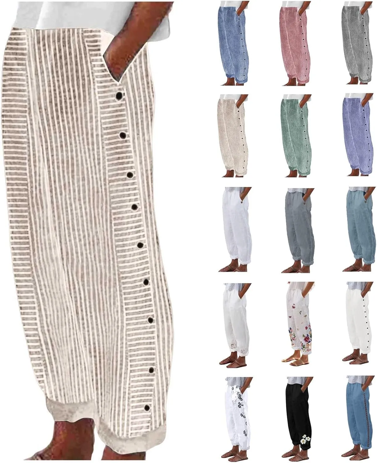 Womens Striped Pants Summer Lightweight Linen Pants Side Button Elastic Waist Straight Wide Leg Baggy Casual Trousers