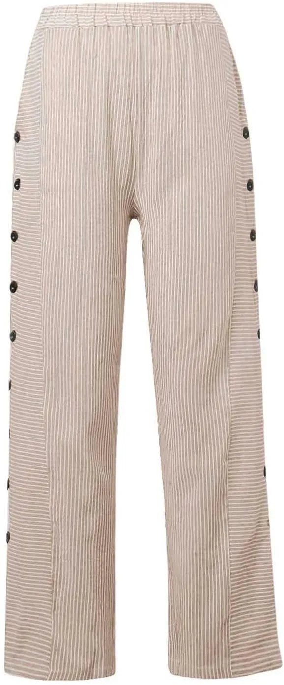 Womens Striped Pants Summer Lightweight Linen Pants Side Button Elastic Waist Straight Wide Leg Baggy Casual Trousers