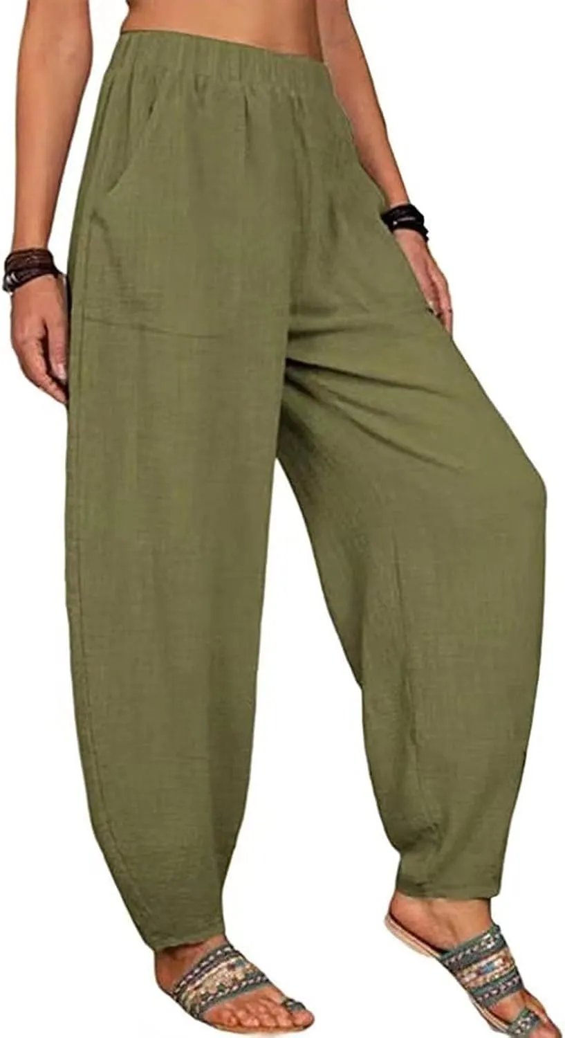 Womens Summer Boho Business Casual Smocked High Waisted Cargo Summer Long Elephant Pants with Pockets Fashion 2025