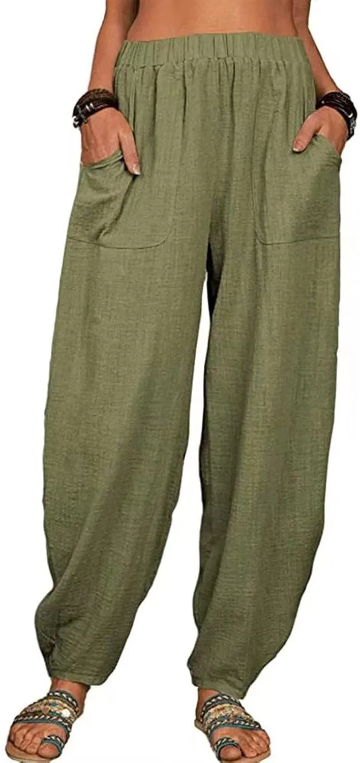 Womens Summer Boho Business Casual Smocked High Waisted Cargo Summer Long Elephant Pants with Pockets Fashion 2025