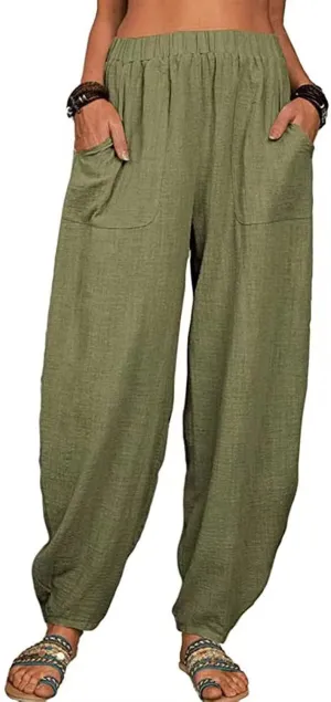Womens Summer Boho Business Casual Smocked High Waisted Cargo Summer Long Elephant Pants with Pockets Fashion 2025