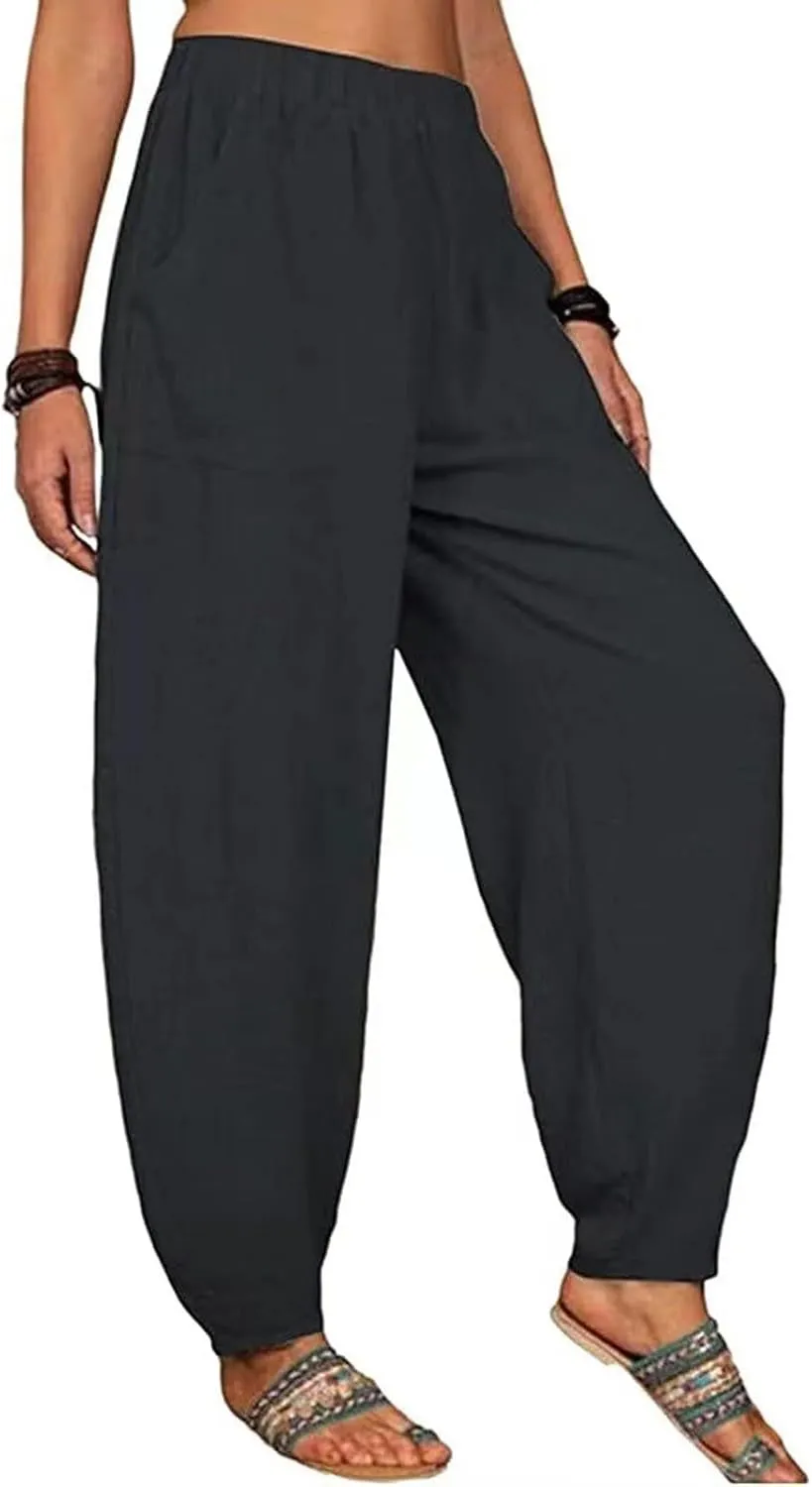 Womens Summer Boho Business Casual Smocked High Waisted Cargo Summer Long Elephant Pants with Pockets Fashion 2025