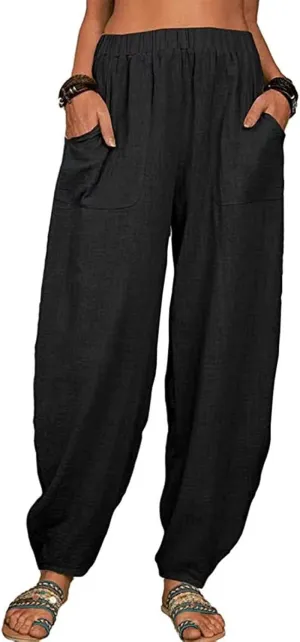 Womens Summer Boho Business Casual Smocked High Waisted Cargo Summer Long Elephant Pants with Pockets Fashion 2025