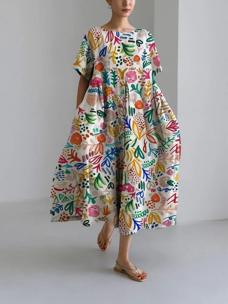 Women's Summer Boho Colorful Floral Short Sleeve Maxi Dress Flowy Casual Loose Beach Vacation Dress with Pockets