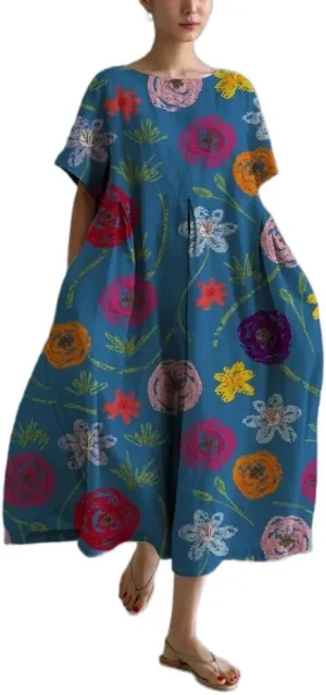 Women's Summer Boho Colorful Floral Short Sleeve Maxi Dress Flowy Casual Loose Beach Vacation Dress with Pockets