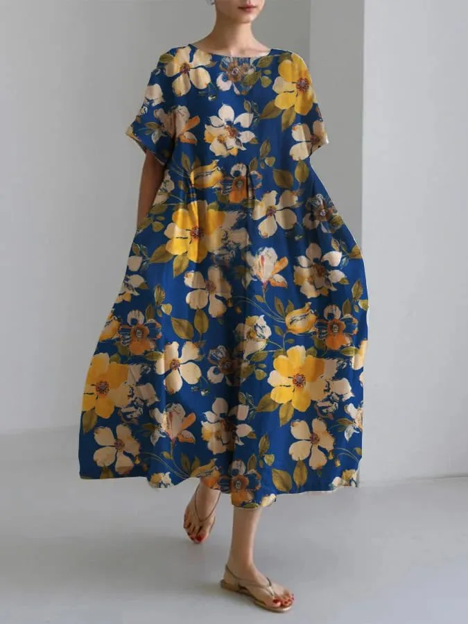 Women's Summer Boho Colorful Floral Short Sleeve Maxi Dress Flowy Casual Loose Beach Vacation Dress with Pockets