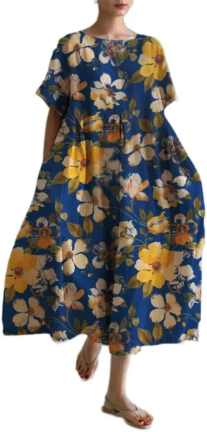 Women's Summer Boho Colorful Floral Short Sleeve Maxi Dress Flowy Casual Loose Beach Vacation Dress with Pockets