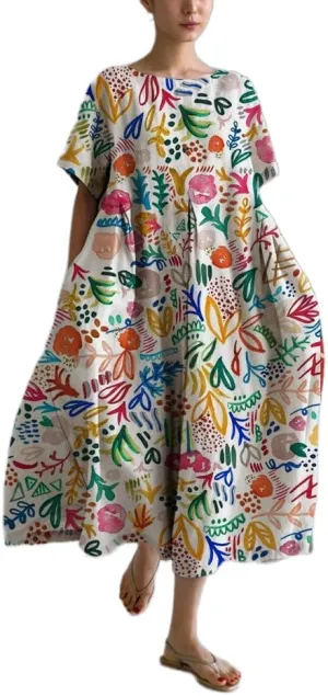 Women's Summer Boho Colorful Floral Short Sleeve Maxi Dress Flowy Casual Loose Beach Vacation Dress with Pockets