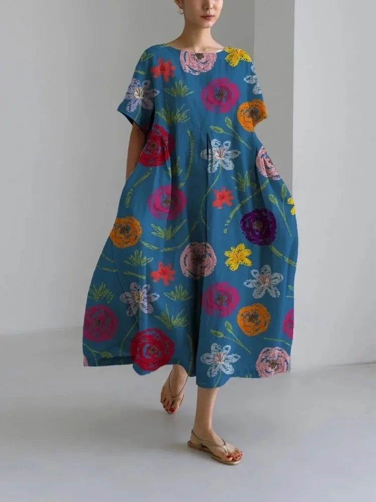 Women's Summer Boho Colorful Floral Short Sleeve Maxi Dress Flowy Casual Loose Beach Vacation Dress with Pockets