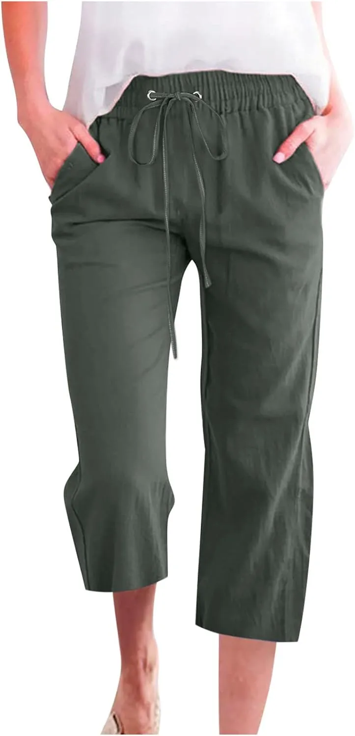 Womens Summer Capri Pants Casual Cotton Linen Tapered High Waist Drawstring Cinch Bottom Loose Trouser with Pockets