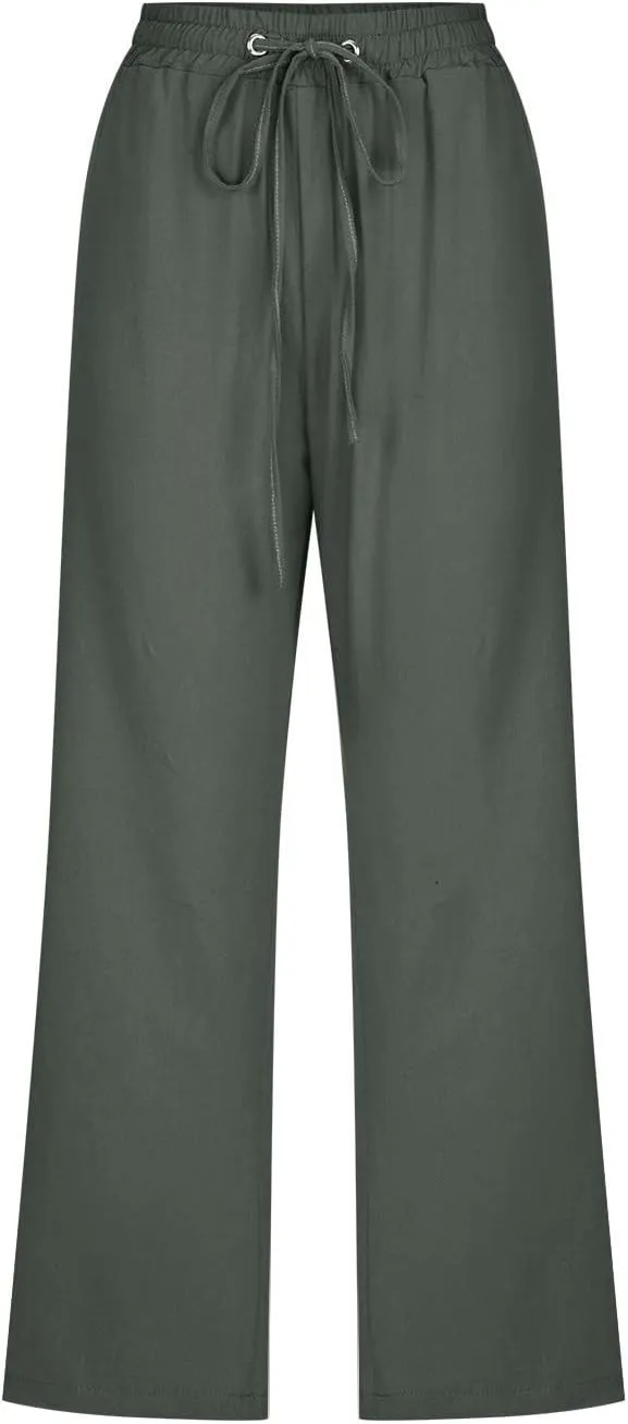 Womens Summer Capri Pants Casual Cotton Linen Tapered High Waist Drawstring Cinch Bottom Loose Trouser with Pockets