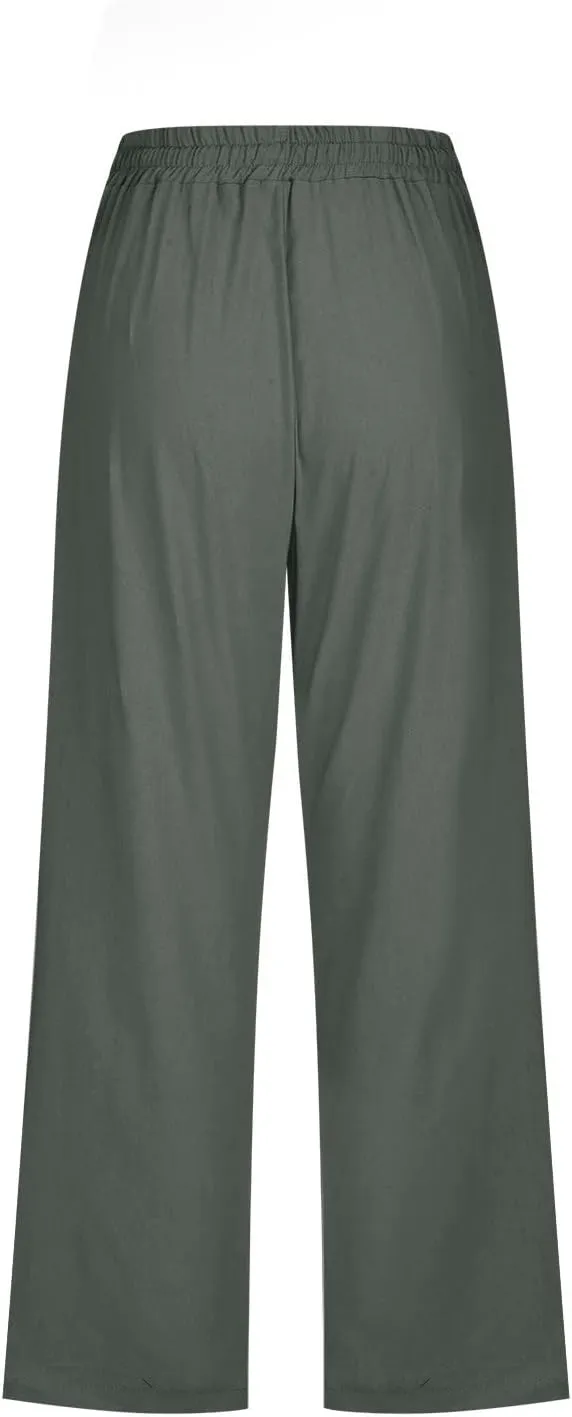 Womens Summer Capri Pants Casual Cotton Linen Tapered High Waist Drawstring Cinch Bottom Loose Trouser with Pockets