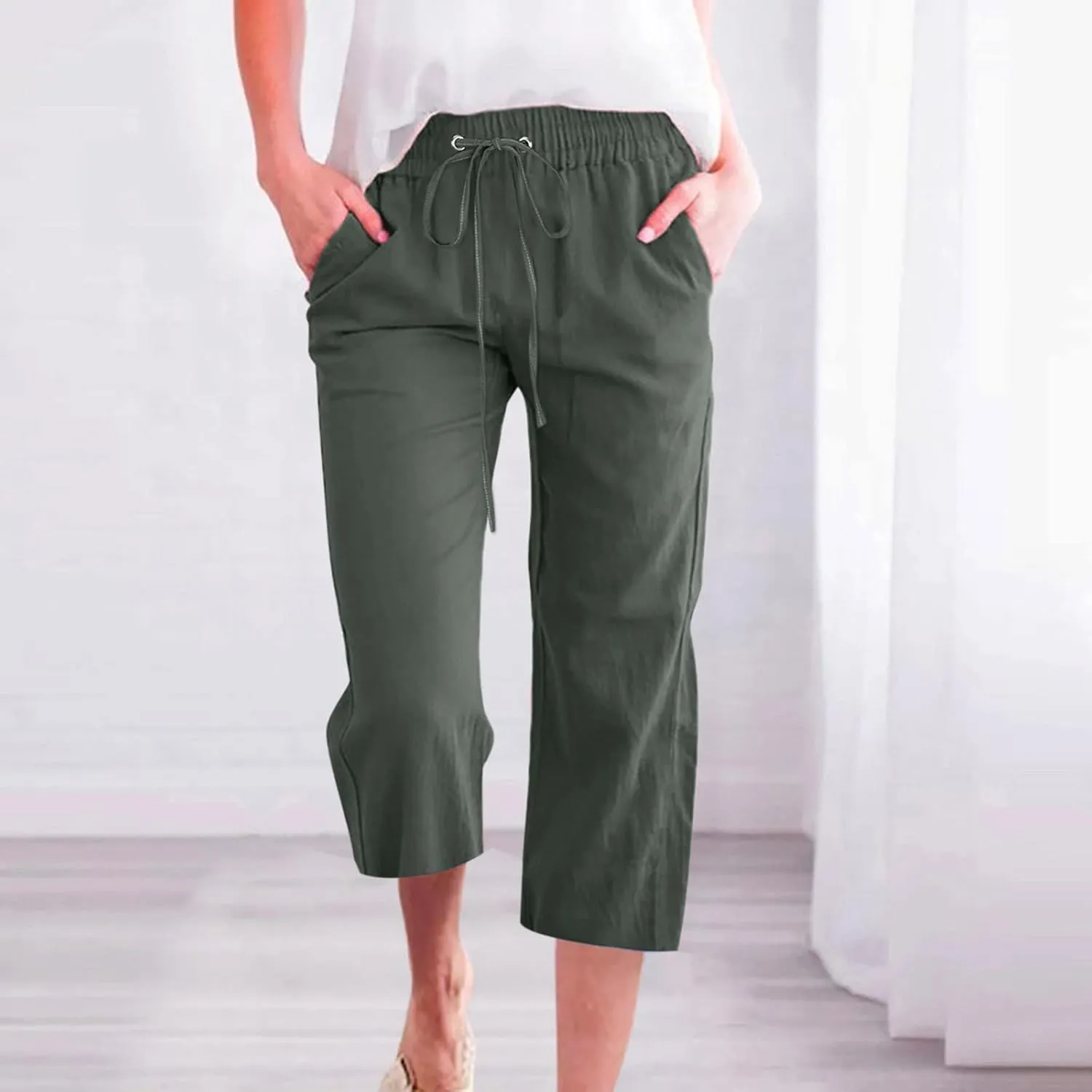 Womens Summer Capri Pants Casual Cotton Linen Tapered High Waist Drawstring Cinch Bottom Loose Trouser with Pockets
