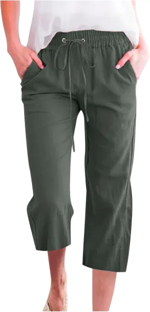 Womens Summer Capri Pants Casual Cotton Linen Tapered High Waist Drawstring Cinch Bottom Loose Trouser with Pockets